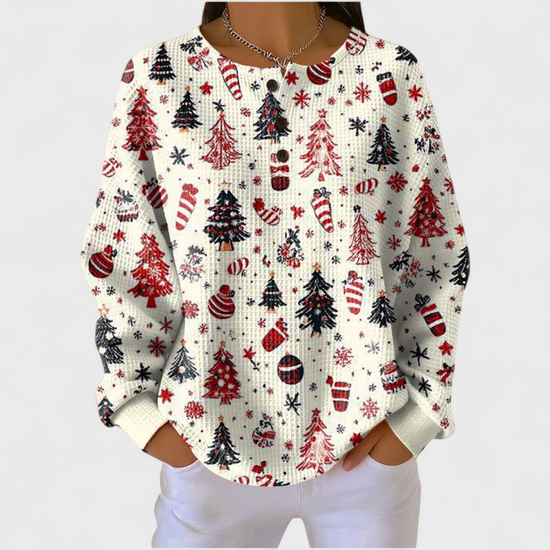 Anna - Pull crème à motif sapin de Noël