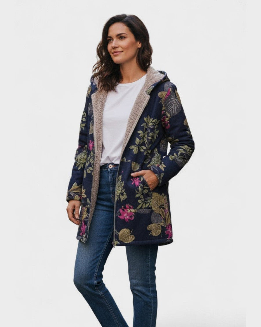 Aurore | Manteau Bleu Marine à Fleurs