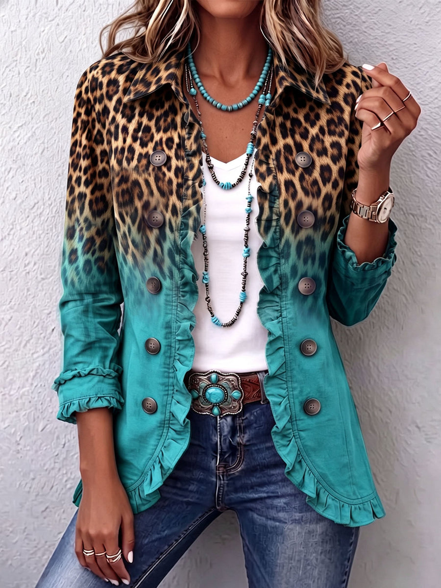 Emma | Veste à Volants Léopard Ombré Turquoise